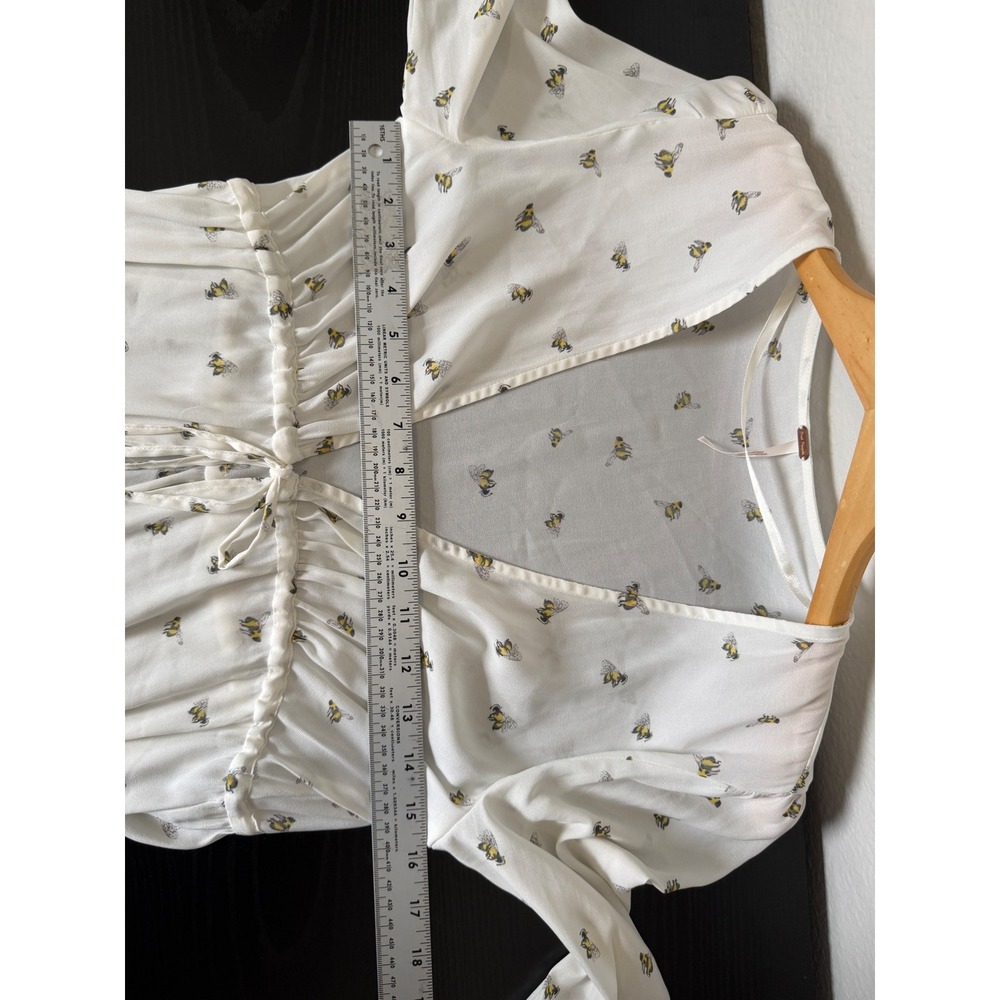 Free People Bee Print Tie Front Blouse Boho Bell Sleeve Sheer Top White S - Picture 15 of 16